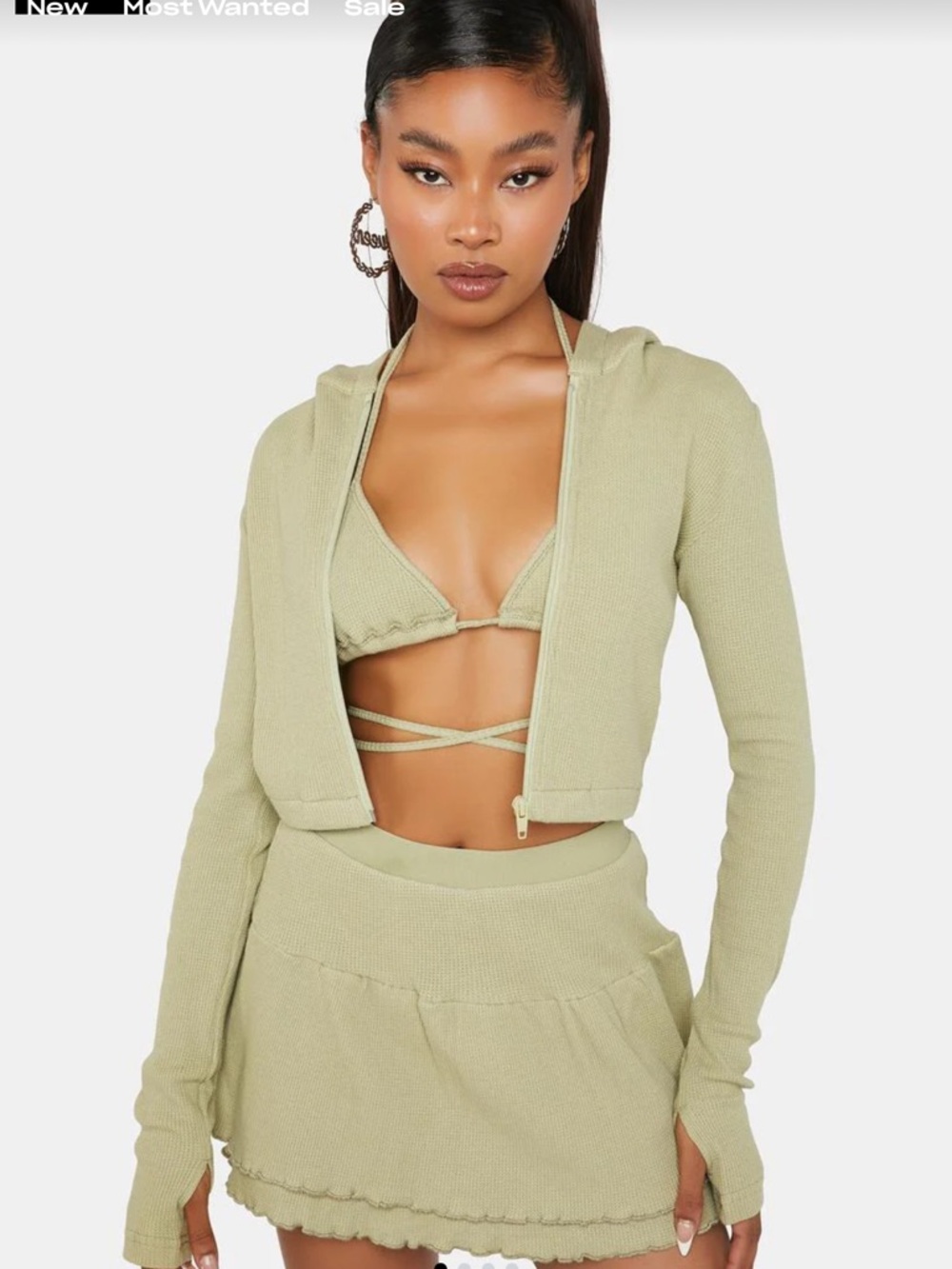 Brand New With Tags Edikted Sage Green Knit Mini Skort 3 piece Set